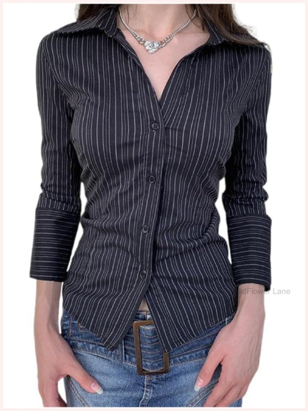 Y2K Long Sleeve Button Down Blouse V Neck Fitted Women's Top